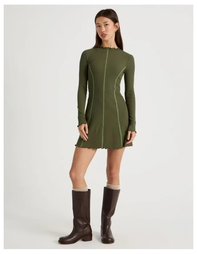 There After Contrast Stitch Detail Dress in Olive Night