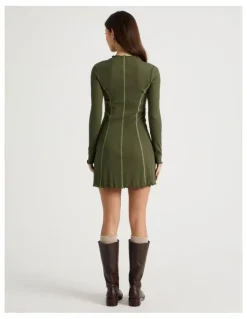 There After Contrast Stitch Detail Dress in Olive Night