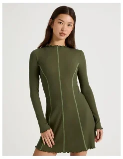 There After Contrast Stitch Detail Dress in Olive Night