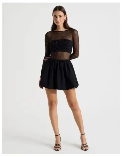 There After Diamonte Mesh Mini Dress in Black