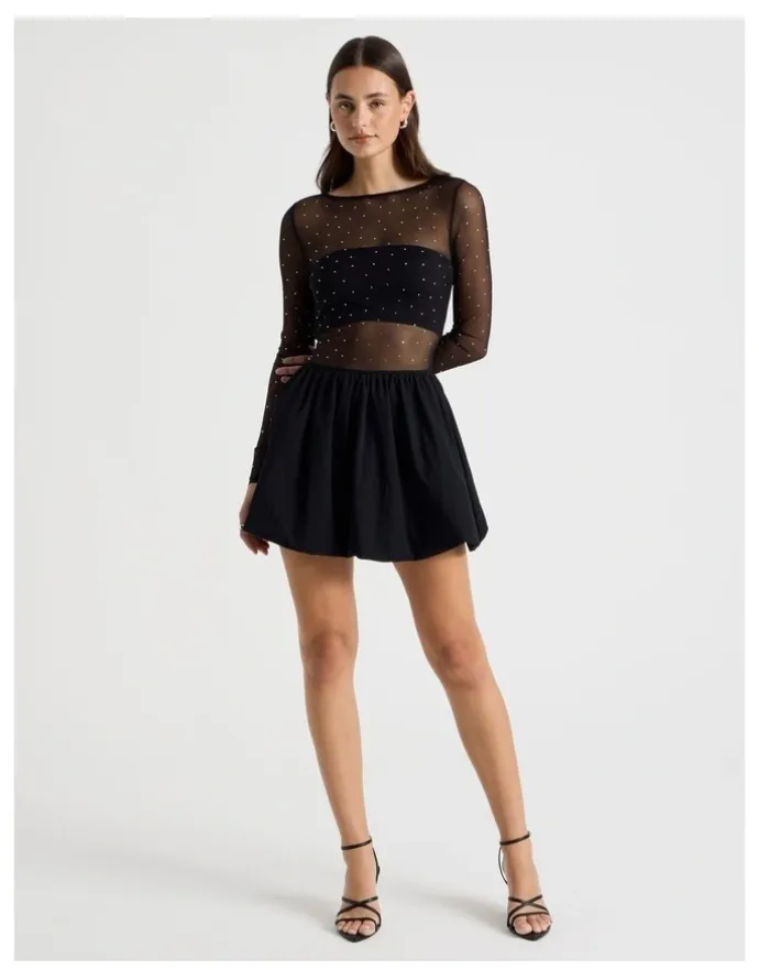 There After Diamonte Mesh Mini Dress in Black