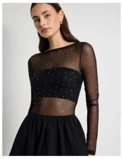 There After Diamonte Mesh Mini Dress in Black