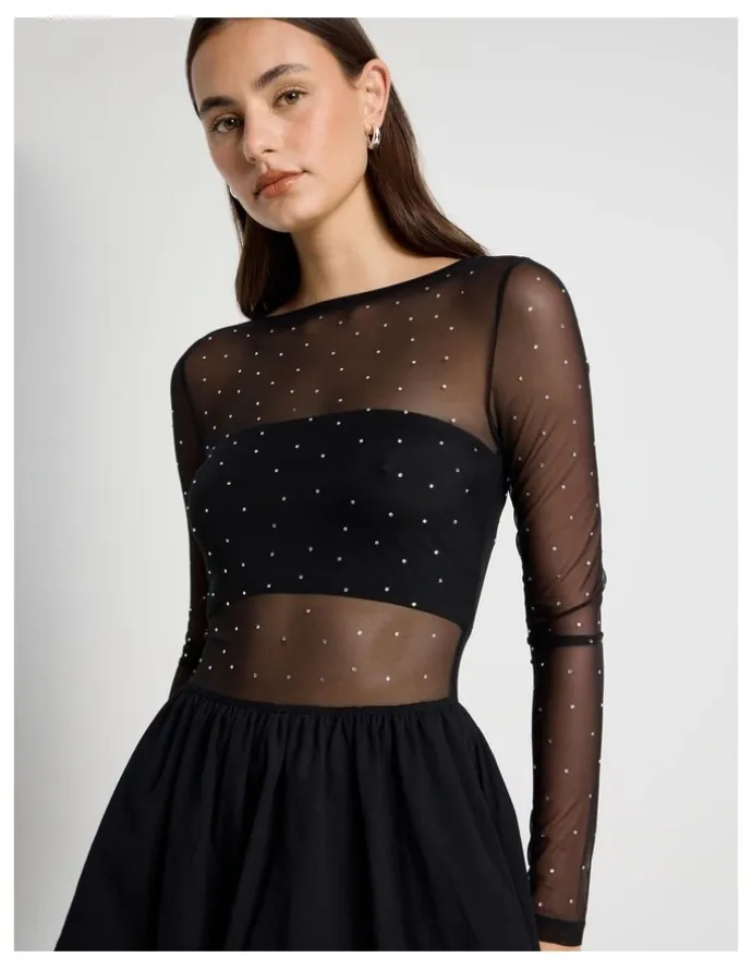 There After Diamonte Mesh Mini Dress in Black