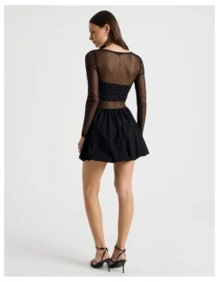 There After Diamonte Mesh Mini Dress in Black