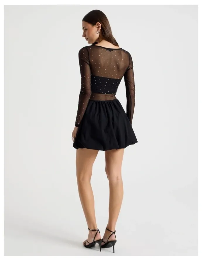 There After Diamonte Mesh Mini Dress in Black