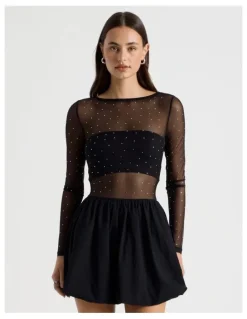 There After Diamonte Mesh Mini Dress in Black