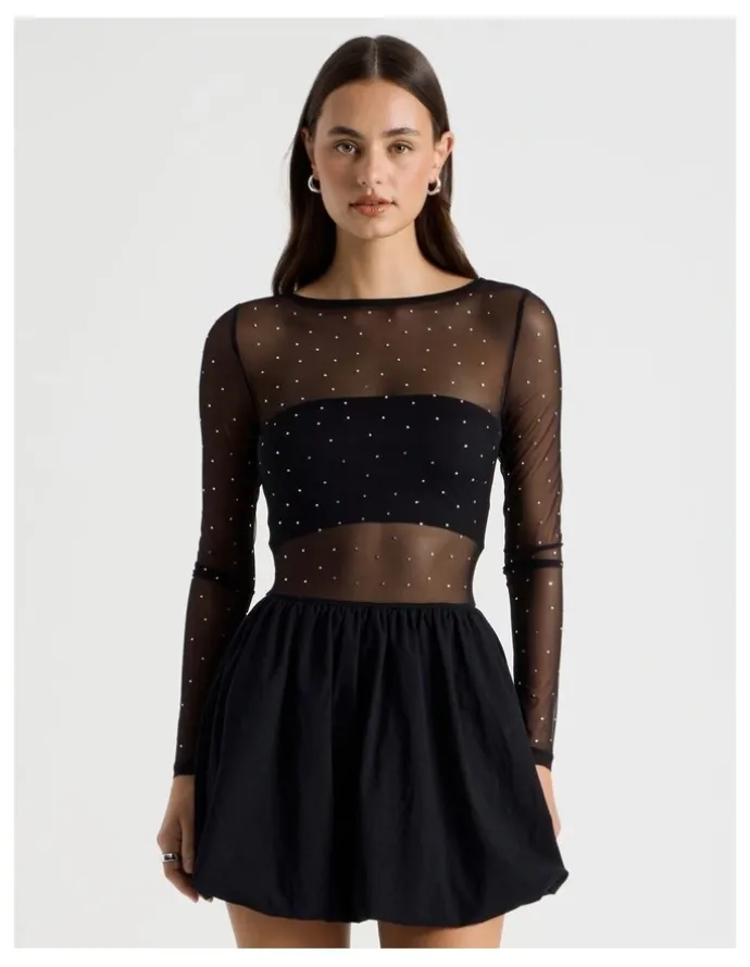 There After Diamonte Mesh Mini Dress in Black