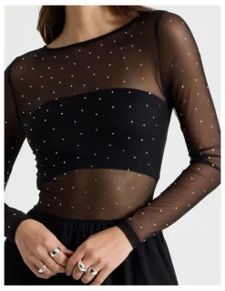 There After Diamonte Mesh Mini Dress in Black