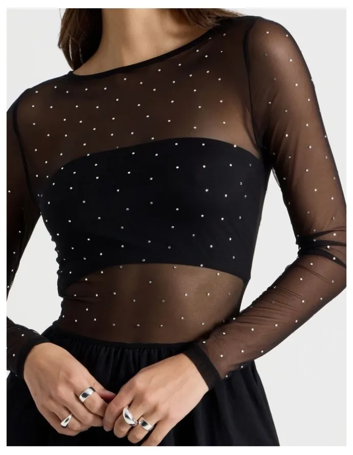 There After Diamonte Mesh Mini Dress in Black