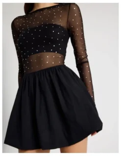 There After Diamonte Mesh Mini Dress in Black