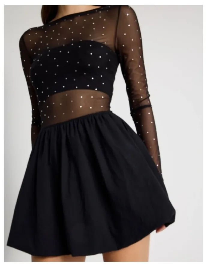 There After Diamonte Mesh Mini Dress in Black