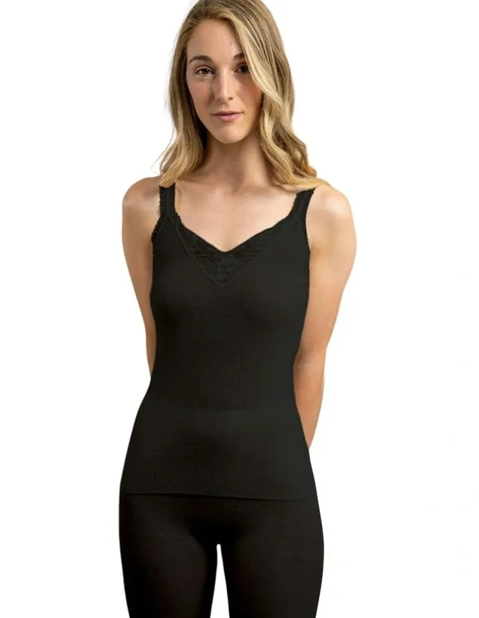Thermo Fleece Thermal Poly Cotton Camisole Cami Top in Black