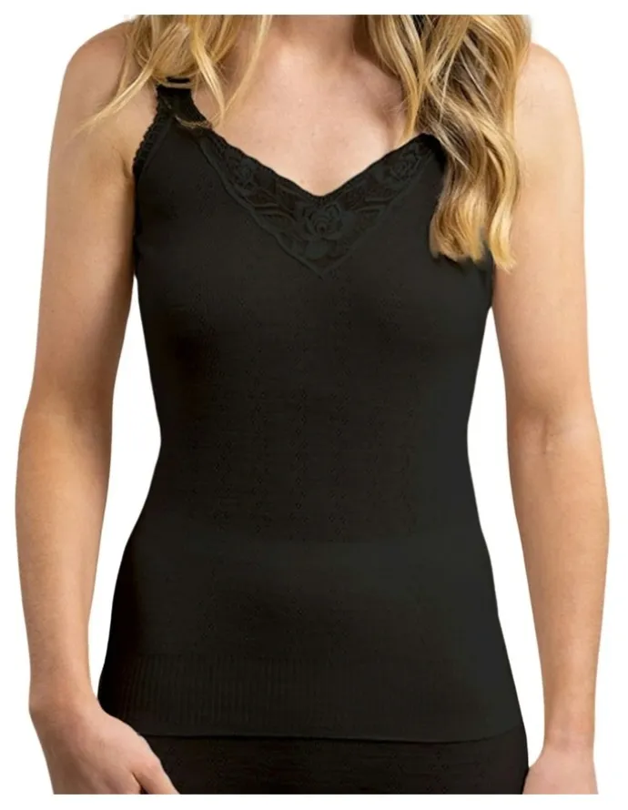 Thermo Fleece Thermal Poly Cotton Camisole Cami Top in Black