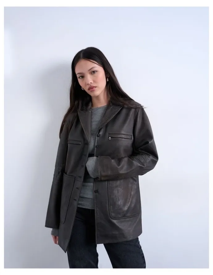 TOPSHOP Aria Leather Blazer in Black