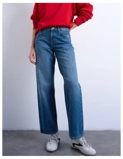 TOPSHOP Cinch Low Rise Wide Leg Jeans in Blue
