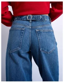TOPSHOP Cinch Low Rise Wide Leg Jeans in Blue
