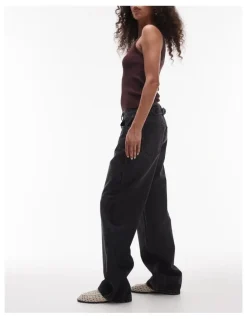 TOPSHOP Cinch Wide Denim Jeans in Black