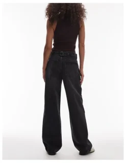 TOPSHOP Cinch Wide Denim Jeans in Black