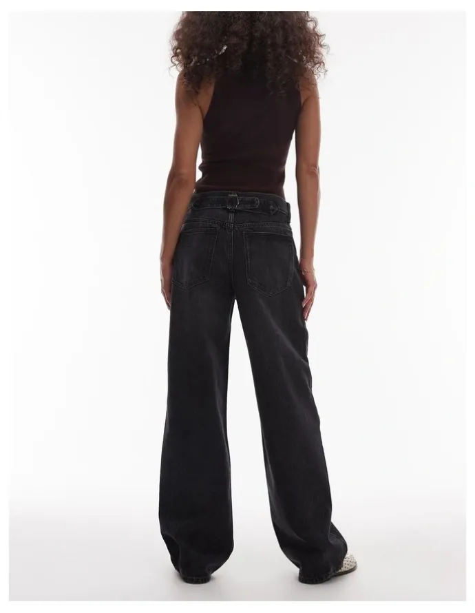 TOPSHOP Cinch Wide Denim Jeans in Black