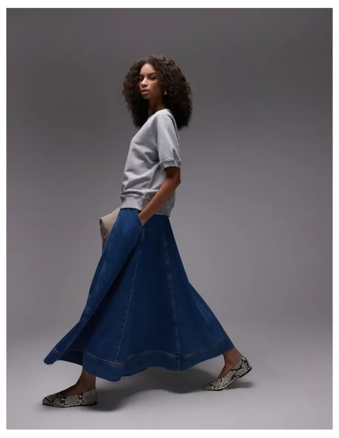TOPSHOP Elina Ankle Denim Skirt in Blue