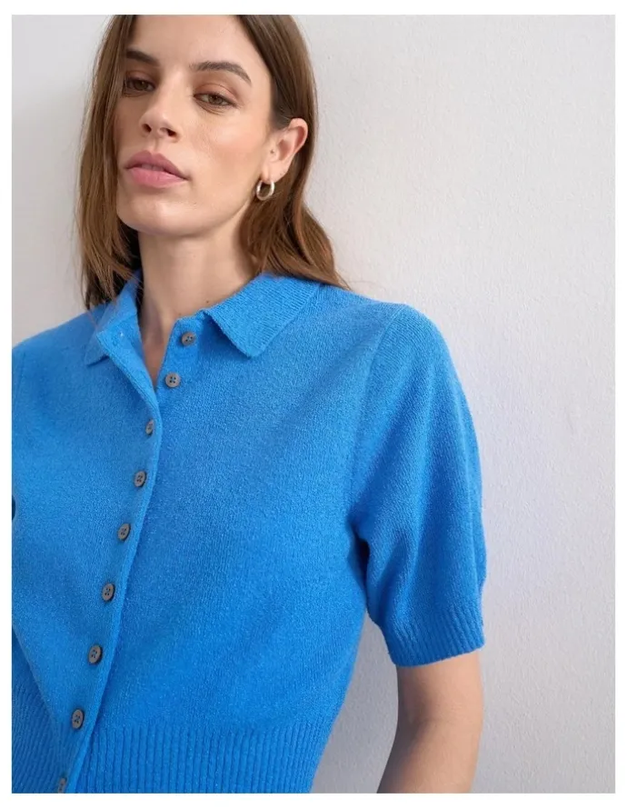 TOPSHOP Kylie Short Sleeve Cinch Waist Polo Pullover in Blue