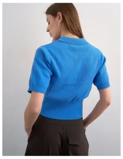 TOPSHOP Kylie Short Sleeve Cinch Waist Polo Pullover in Blue