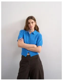 TOPSHOP Kylie Short Sleeve Cinch Waist Polo Pullover in Blue