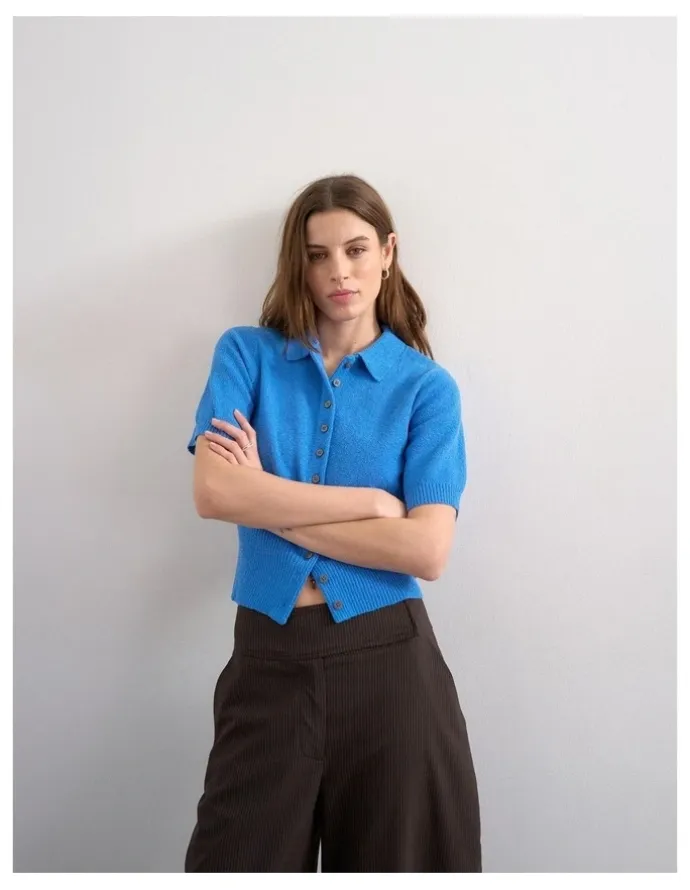 TOPSHOP Kylie Short Sleeve Cinch Waist Polo Pullover in Blue