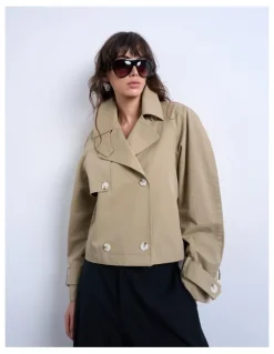 TOPSHOP Mia Short Cotton Trenchcoat in Beige