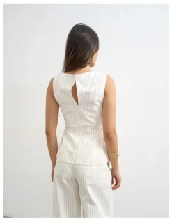 TOPSHOP Para Striped High Neck Top in Ivory Cream