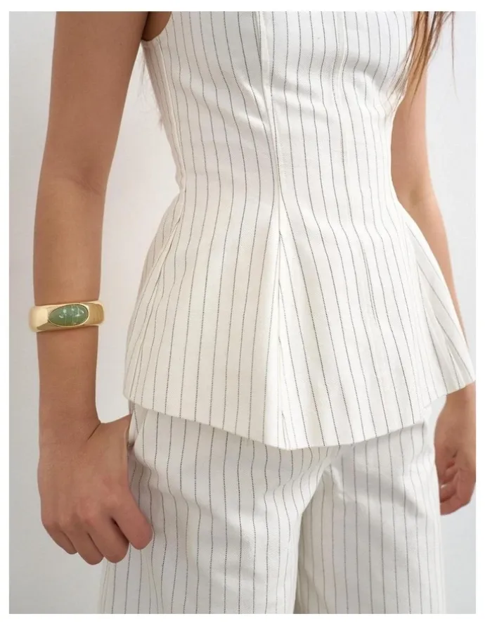 TOPSHOP Para Striped High Neck Top in Ivory Cream