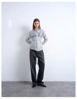 TOPSHOP Yara Tie Waisted Shirt in Blue