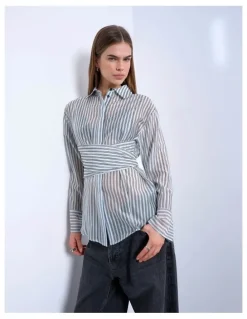 TOPSHOP Yara Tie Waisted Shirt in Blue