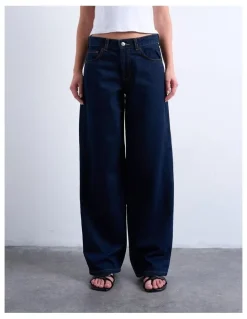 TOPSHOP Cinch Low Rise Wide Leg Jeans in Blue