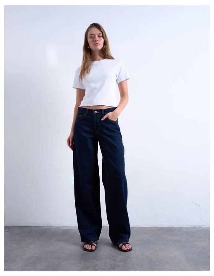 TOPSHOP Cinch Low Rise Wide Leg Jeans in Blue