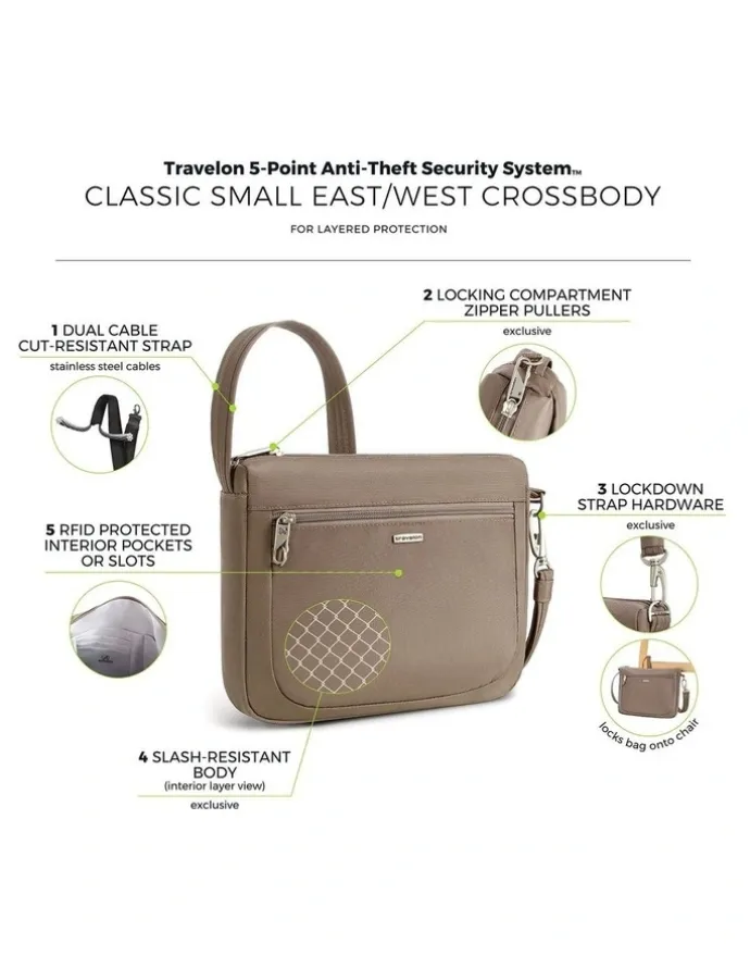 Travelon Classic Anti-Theft Small East/West Crossbody Bag in Hazelnut