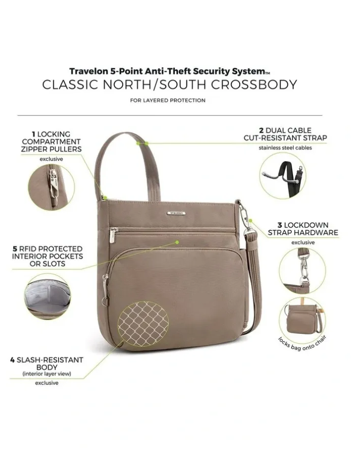 Travelon Classic Anti-Theft North/South Crossbody Bag in Hazelnut