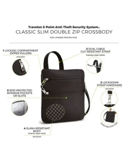 Travelon Classic Anti-Theft Slim Double Zip Crossbody Bag in Black