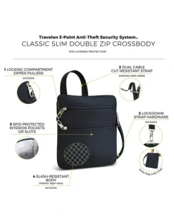 Travelon Classic Anti-Theft Slim Double Zip Crossbody Bag in Midnight