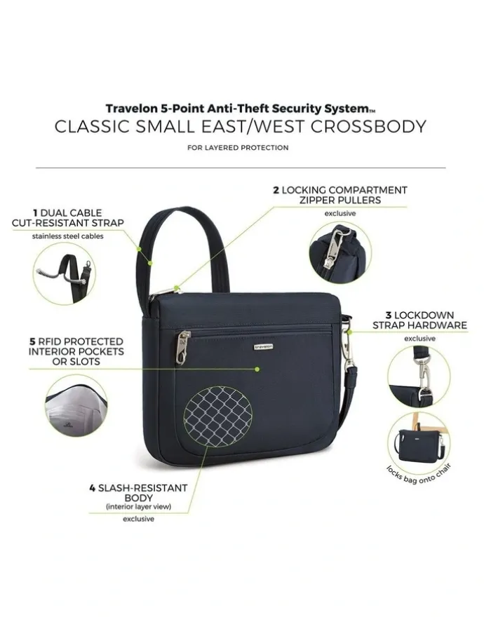 Travelon Classic Anti-Theft Small East/West Crossbody Bag in Midnight