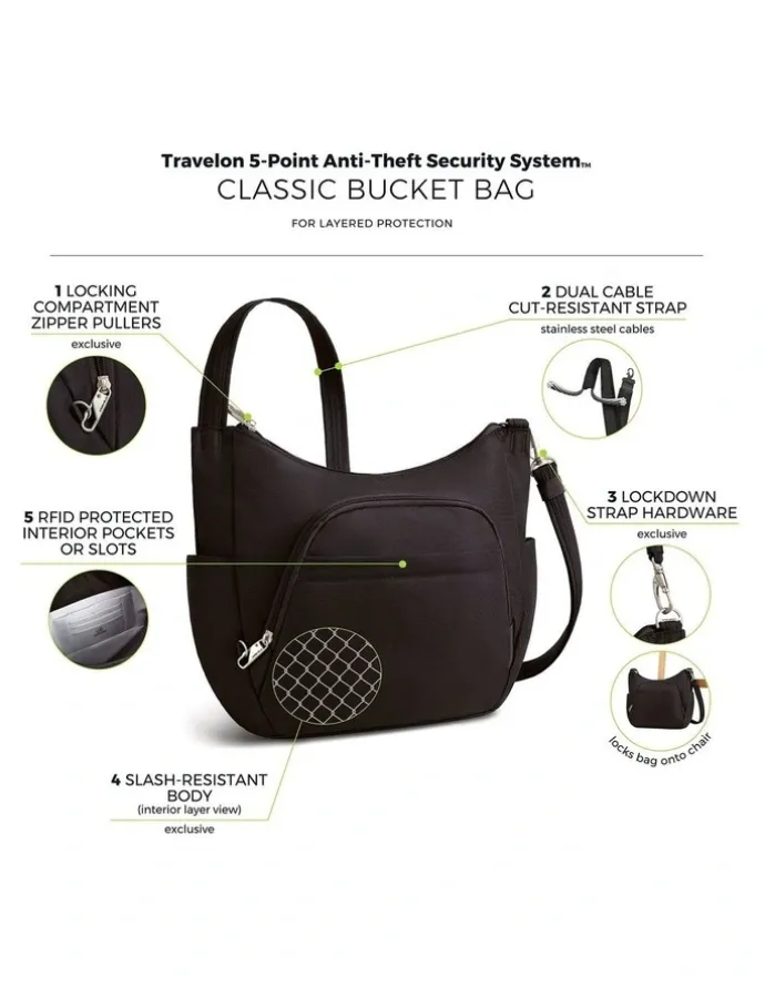 Travelon Classic Anti-Theft Crossbody Bucket Bag in Black