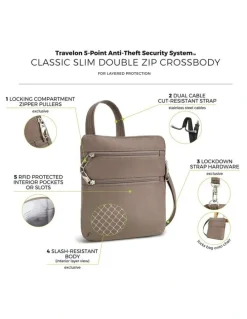 Travelon Classic Anti-Theft Slim Double Zip Crossbody Bag in Hazelnut