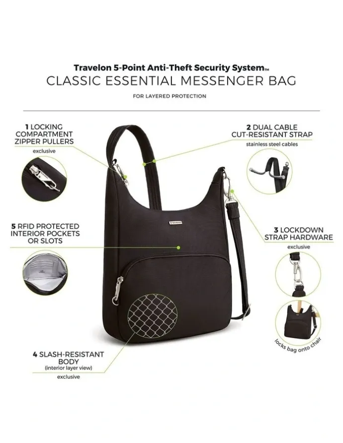 Travelon Classic Anti-Theft Essential Messenger Bag in Black