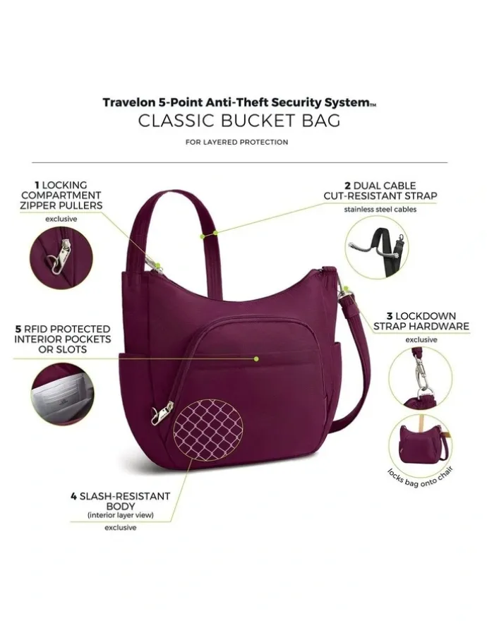 Travelon Classic Anti-Theft Crossbody Bucket Bag in Burgundy