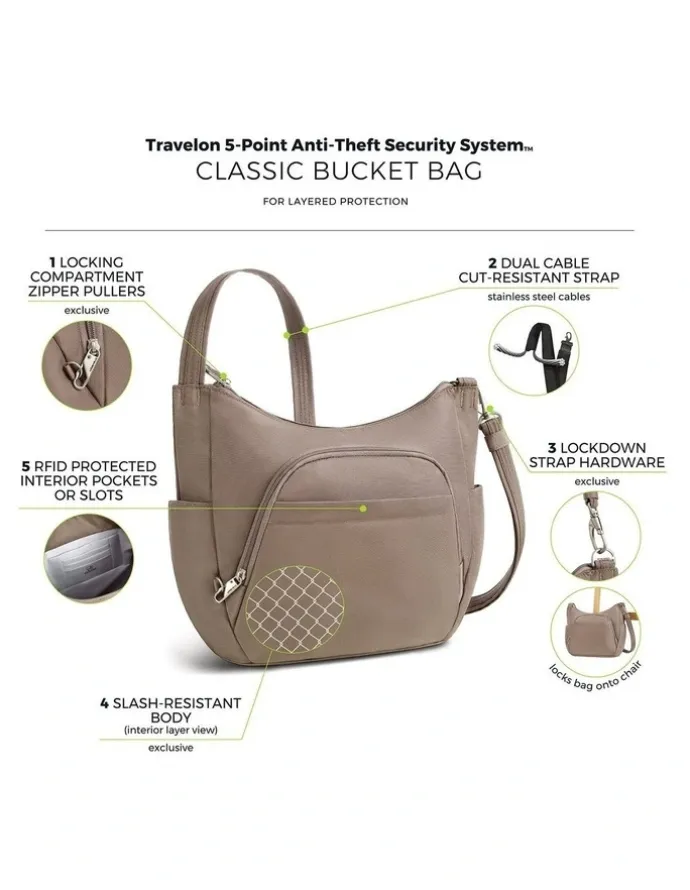 Travelon Classic Anti-Theft Crossbody Bucket Bag in Hazelnut