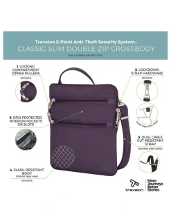 Travelon Classic Anti-Theft Slim Double Zip Crossbody Bag in Purple