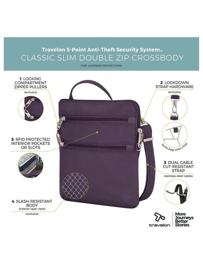Travelon Classic Anti-Theft Slim Double Zip Crossbody Bag in Purple