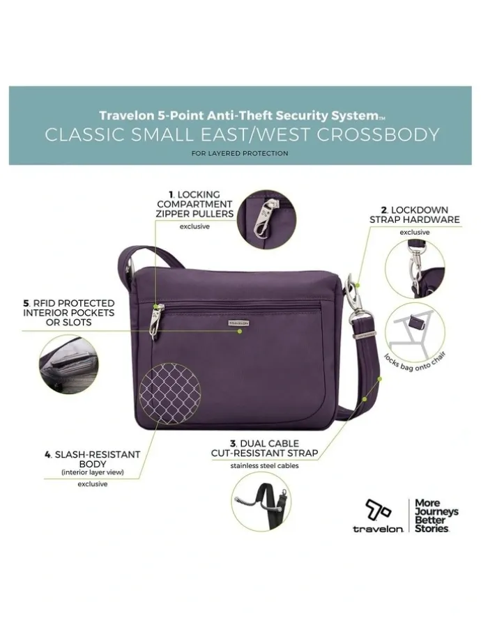 Travelon Classic Anti-Theft Small East/West Crossbody Bag in Purple