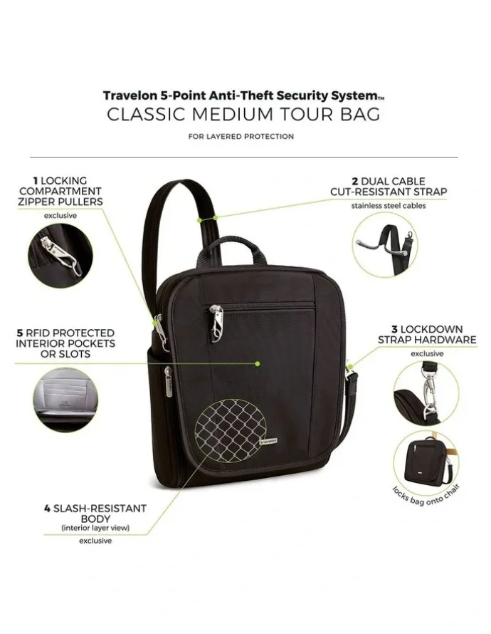 Travelon Classic Anti-Theft Tablet Medium Tour Bag in Black