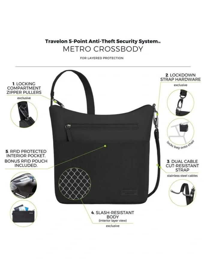 Travelon Metro Anti-Theft Crossbody Bag in Black